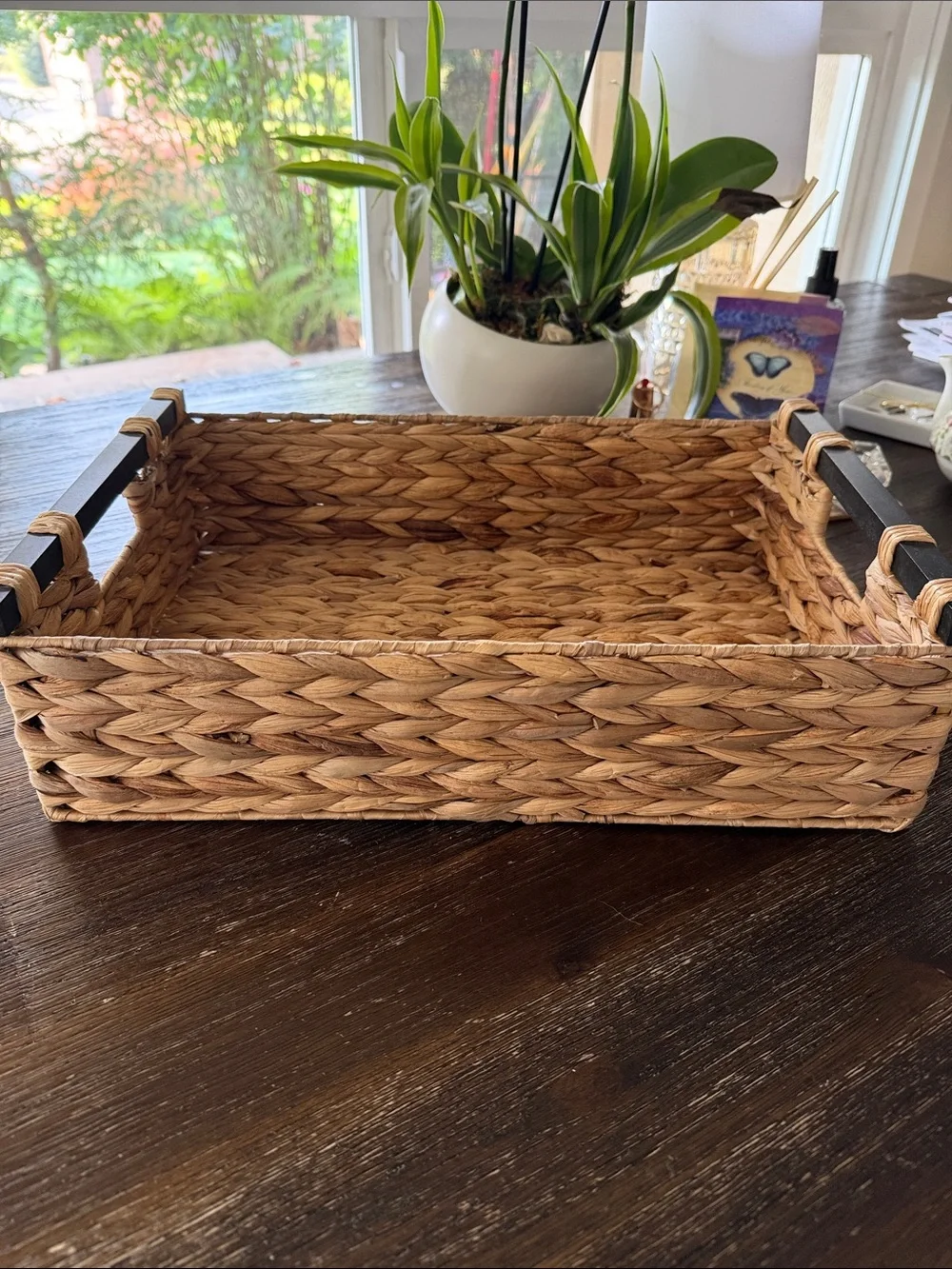 Woven Seagrass Serving Tray with Wooden Handles - Natural Brown